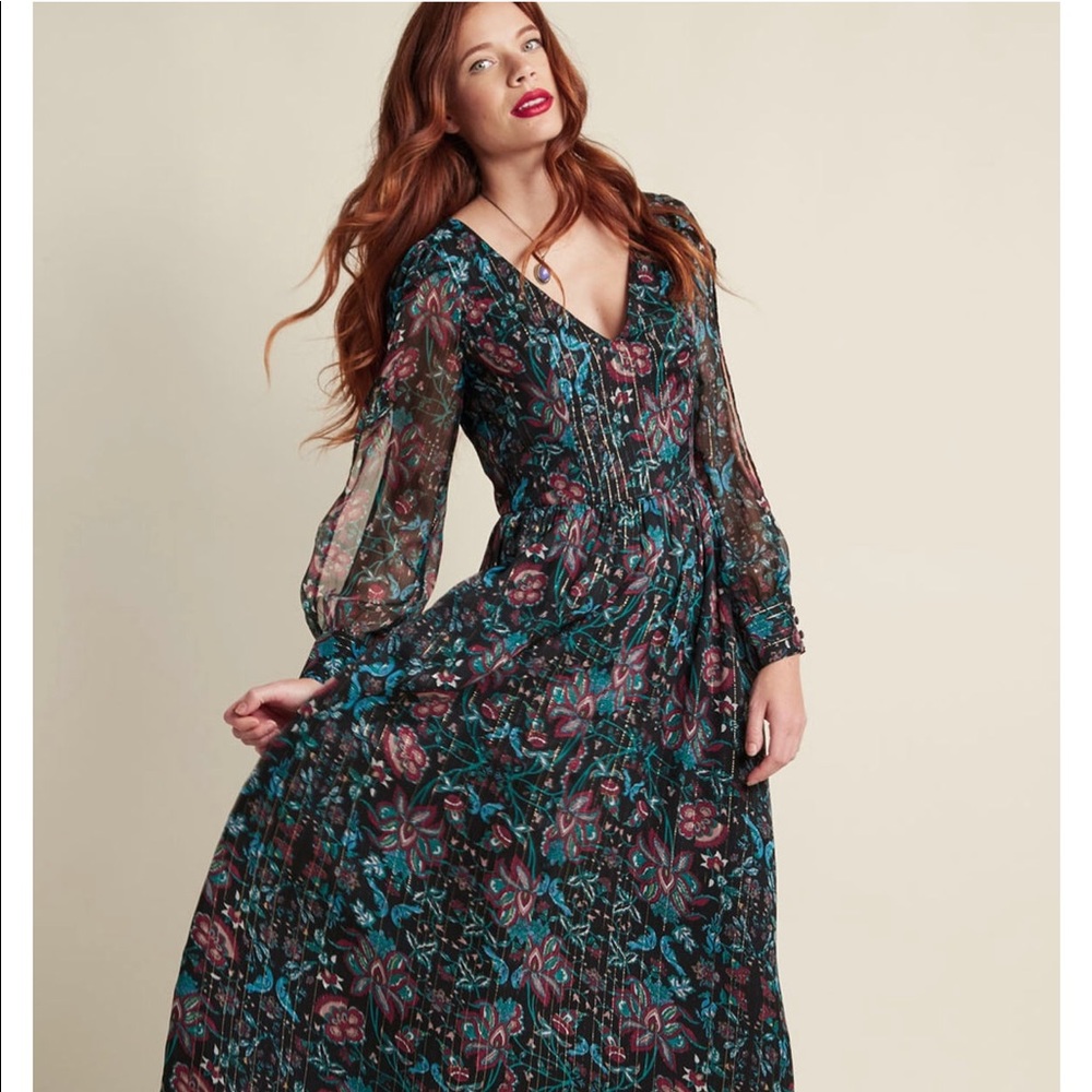 Mod Cloth maxi dress with gold accents.